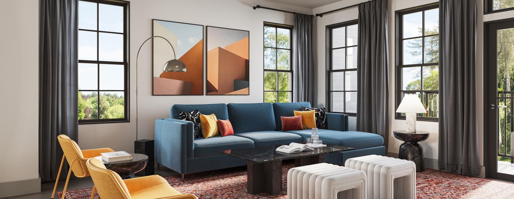 a living room with a blue couch