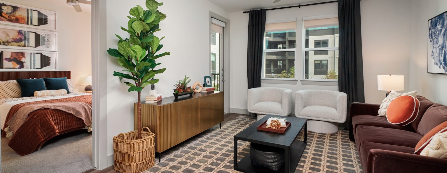 living room area with view of bedroom 