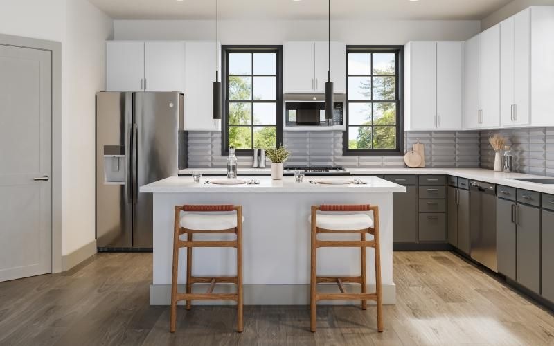 a kitchen with white cabinets